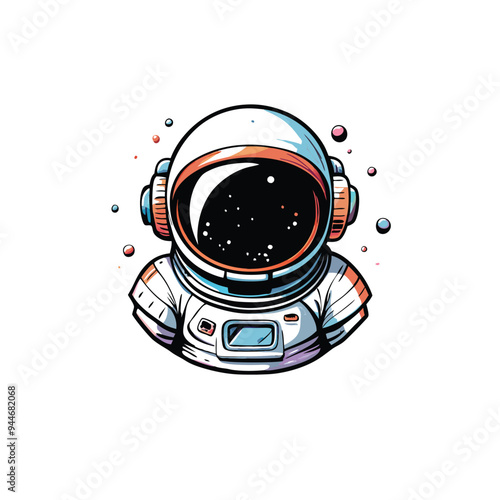 An illustration of a cartoon spaceman with a helmet depicting a starry sky and small floating colorful bubbles.