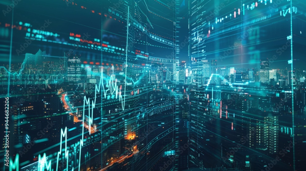 Forex and stock market charts over a panoramic view of a city, international trading concept generative ai Forex and stock market charts over a panoramic view of a city, international trading concept generative ai