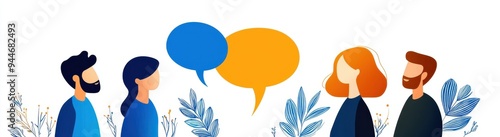Group of diverse people engaging in conversation with speech bubbles, showcasing communication and collaboration.