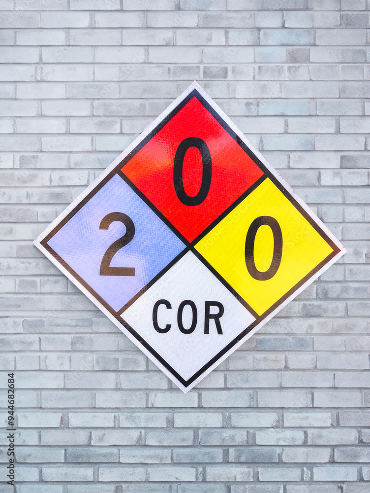 Diamond shaped NFPA panel identifying hazardous chemicals inside fenced in area. Diamond shaped NFPA panel identifying hazardous chemicals inside fenced in area.