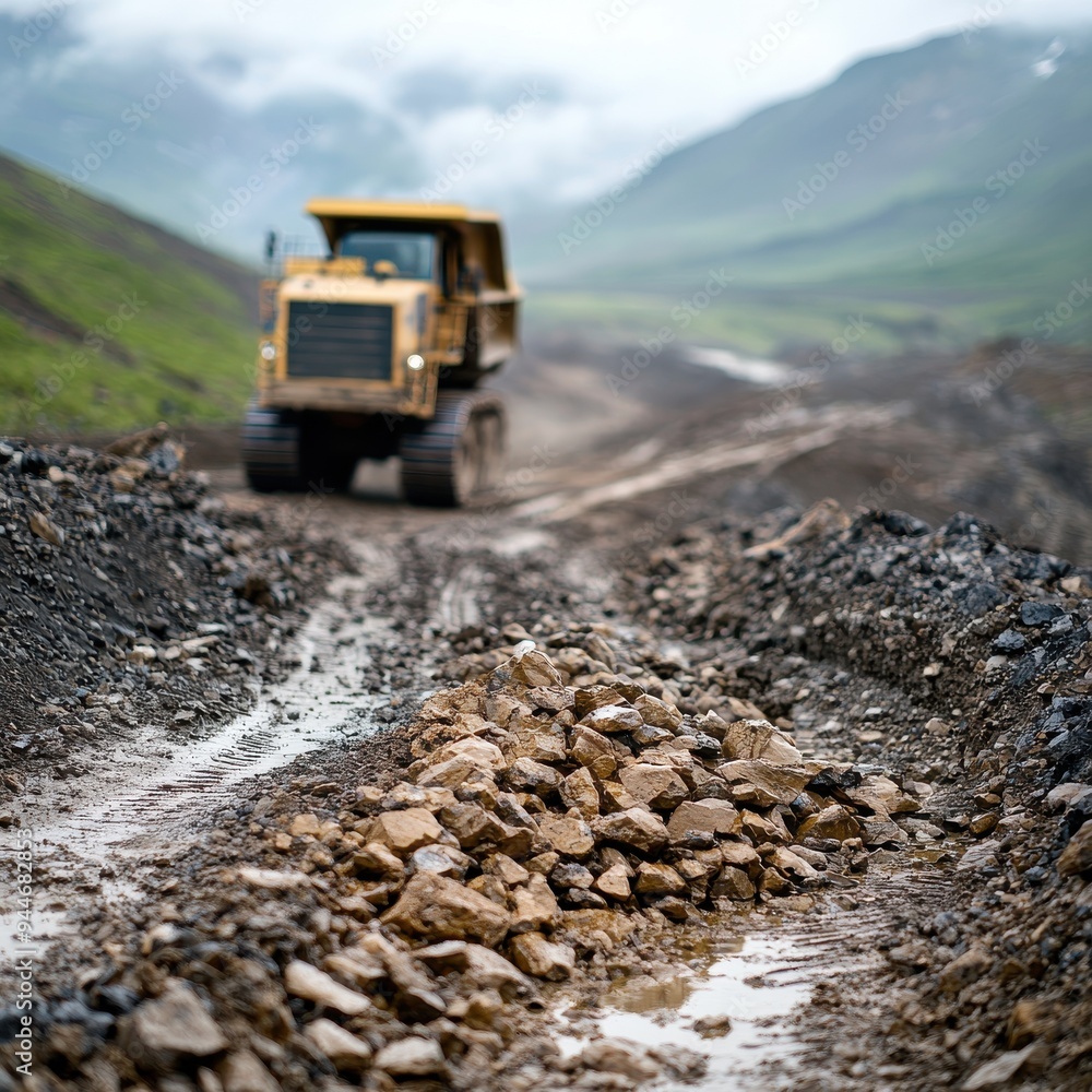 Heavy machinery working on a rugged terrain, clearing rocks and gravel for construction purposes in a mountainous landscape. Heavy machinery working on a rugged terrain, clearing rocks and gravel for construction purposes in a mountainous landscape.