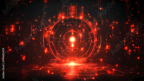 Red Abstract Digital Background with Glowing Lightbulb and Circular Pattern