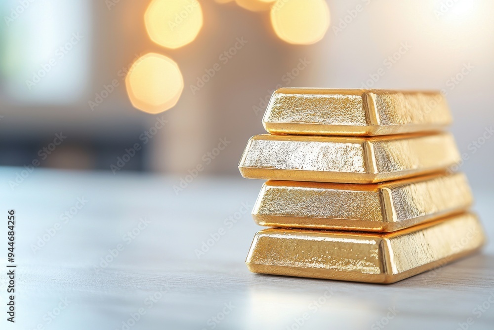Stack of shining gold bars on a blurred background, showcasing wealth and luxury in a modern setting. Stack of shining gold bars on a blurred background, showcasing wealth and luxury in a modern setting.