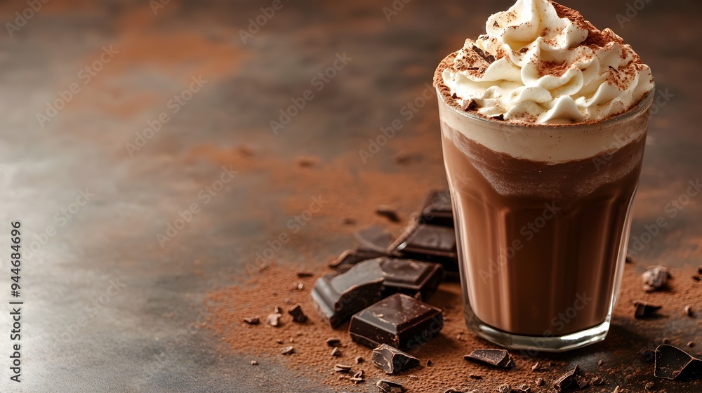 Luxurious dark chocolate milk with a luscious whipped cream swirl served in a sleek glass cup creating a tempting and indulgent visual treat against a clean and minimal backdrop with ample copy space Luxurious dark chocolate milk with a luscious whipped cream swirl served in a sleek glass cup creating a tempting and indulgent visual treat against a clean and minimal backdrop with ample copy space