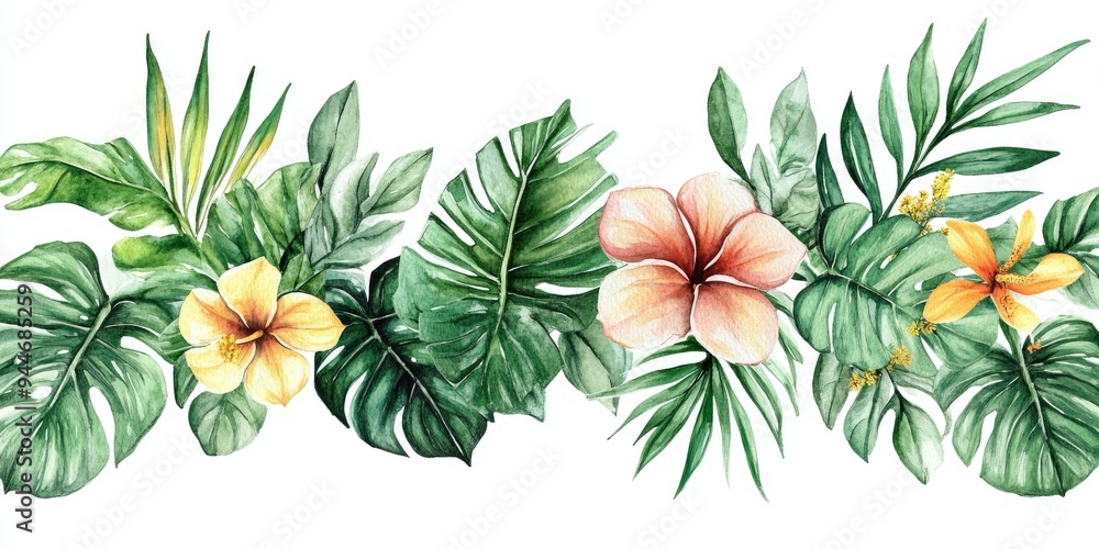 Watercolor illustration of tropical leaves and flowers in green isolated on a white background Suitable for wedding invitations greeting cards and postcards Watercolor illustration of tropical leaves and flowers in green isolated on a white background Suitable for wedding invitations greeting cards and postcards