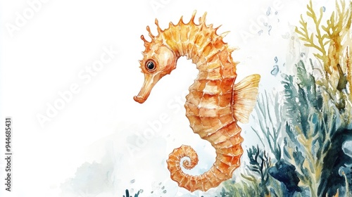 Watercolor illustration of a seahorse in a sea environment isolated on a white background