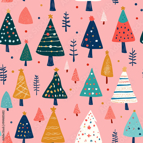 Boho flat design doodle style christmas trees seamless pattern