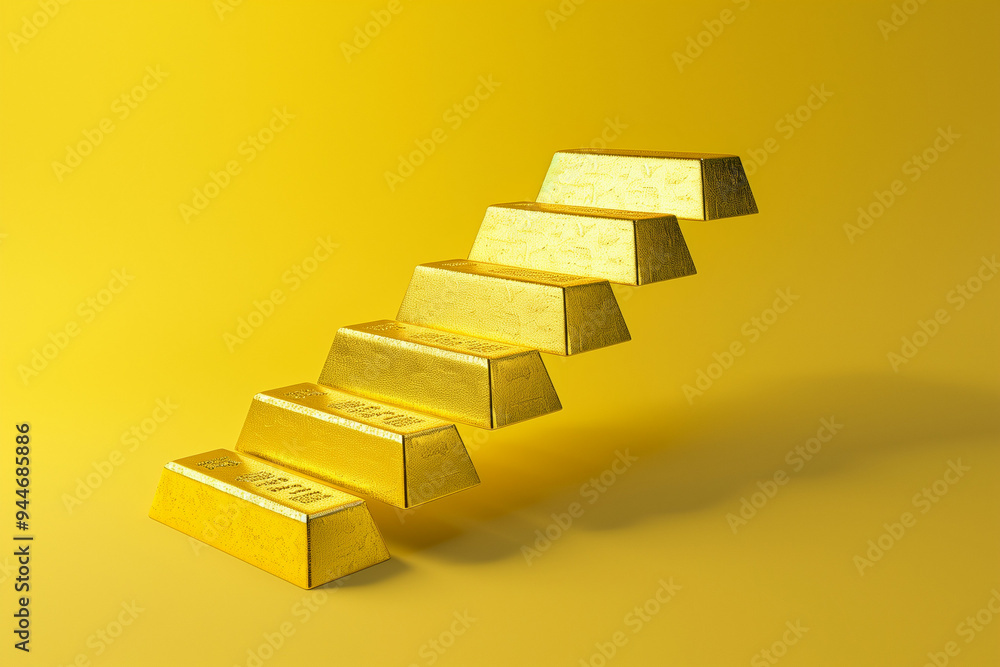 This image showcases a collection of gold bars arranged in a stair-like formation against a vibrant yellow background, symbolizing wealth, investment, prosperity and economic stability This image showcases a collection of gold bars arranged in a stair-like formation against a vibrant yellow background, symbolizing wealth, investment, prosperity and economic stability