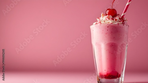 Close up of a glass filled with a cold and creamy strawberry milkshake garnished with a vibrant red cherry on top The milkshake is set against a plain uncluttered background