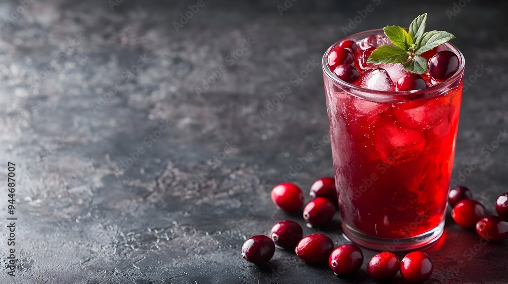 Iced cranberry juice served in a transparent glass with fresh whole cranberries The refreshing tart and sweet drink is chilled and has ample copy space for text overlay or design elements Iced cranberry juice served in a transparent glass with fresh whole cranberries The refreshing tart and sweet drink is chilled and has ample copy space for text overlay or design elements