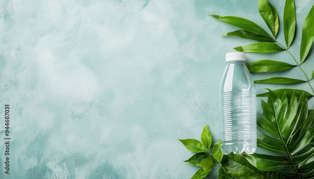 A refreshing water bottle surrounded by lush green leaves on a soft teal background, perfect for promoting hydration and wellness. A refreshing water bottle surrounded by lush green leaves on a soft teal background, perfect for promoting hydration and wellness.