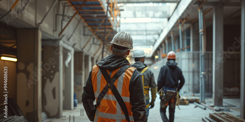 Construction workers at work in hardhats on a building site, cinematic atmospheric shot, a sense of construction and building