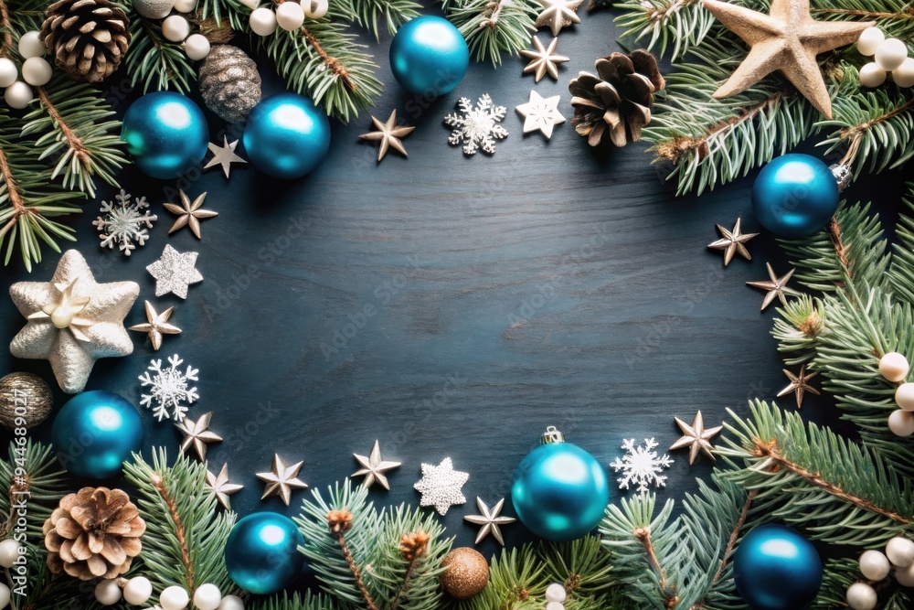 Festive winter decoration featuring blue ornaments, pinecones, and natural elements arranged on a dark wooden surface for a cozy holiday atmosphere. Generative AI Festive winter decoration featuring blue ornaments, pinecones, and natural elements arranged on a dark wooden surface for a cozy holiday atmosphere. Generative AI