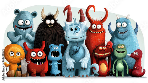 Colorful cute cartoon monsters in a group posing for the viewer, fantasy illustration of a team of happy silly furry creatures blue red orange green yellow furry horns and teeth