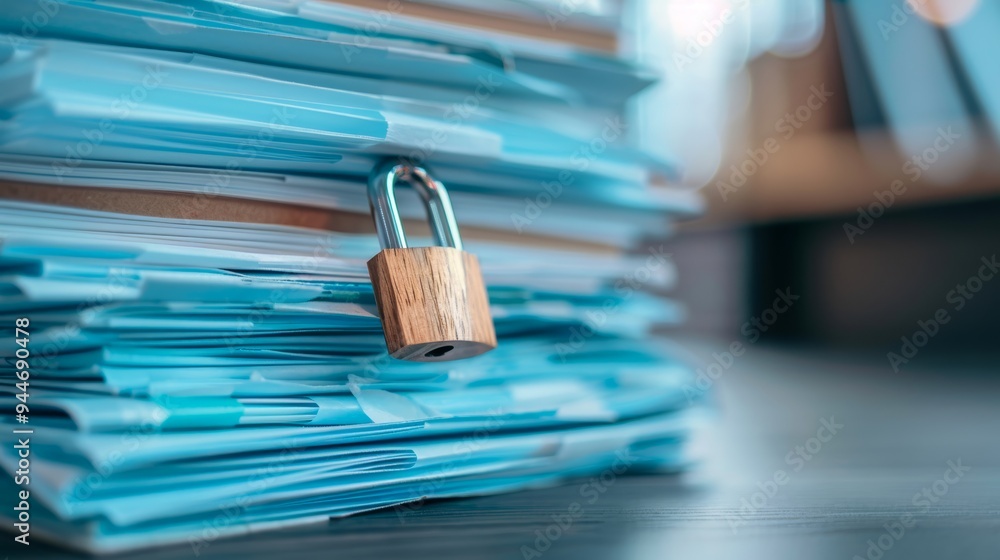 A stack of blue folders secured with a padlock on top, symbolizing security and protection of important documents. A stack of blue folders secured with a padlock on top, symbolizing security and protection of important documents.