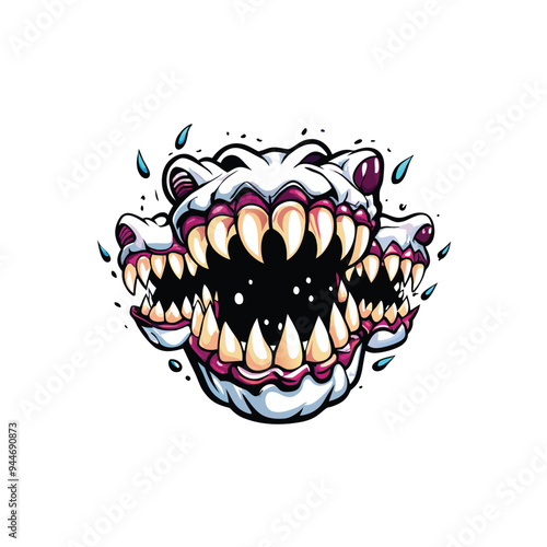 A close up vector illustration of a monster with three mouths full of sharp teeth.