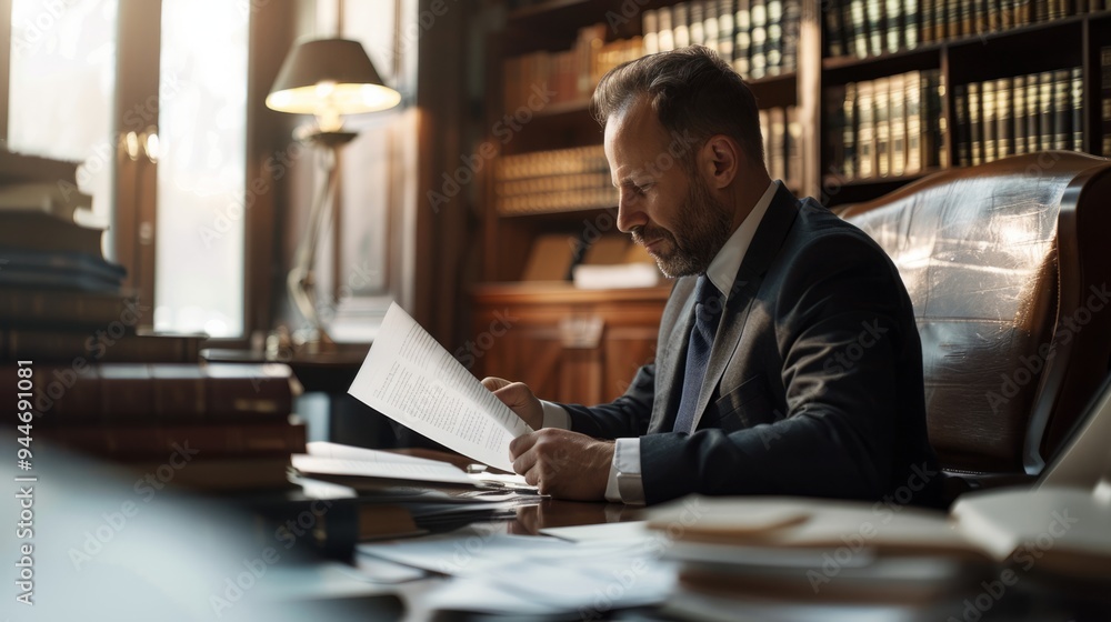 Lawyer, side view, with legal documents on table in office generative ai Lawyer, side view, with legal documents on table in office generative ai