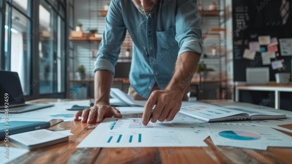 Marketing specialist, side view, with marketing strategy documents on table in office generative ai Marketing specialist, side view, with marketing strategy documents on table in office generative ai