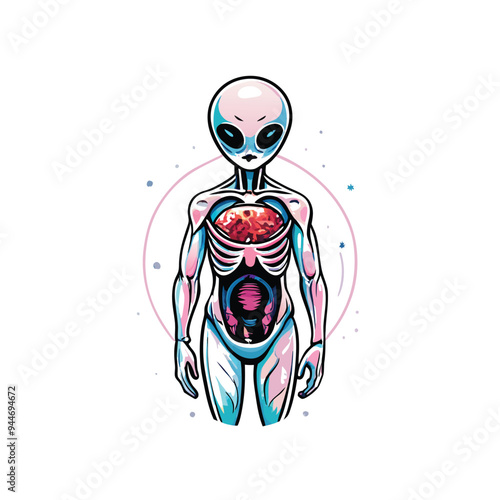 A detailed vector illustration of an alien with a translucent body, revealing its internal organs.