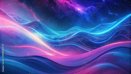 Vibrant cosmic waves undulating under a starry night sky in shades of pink and blue, creating a mesmerizing and dreamlike atmosphere that captivates the senses. Generative AI