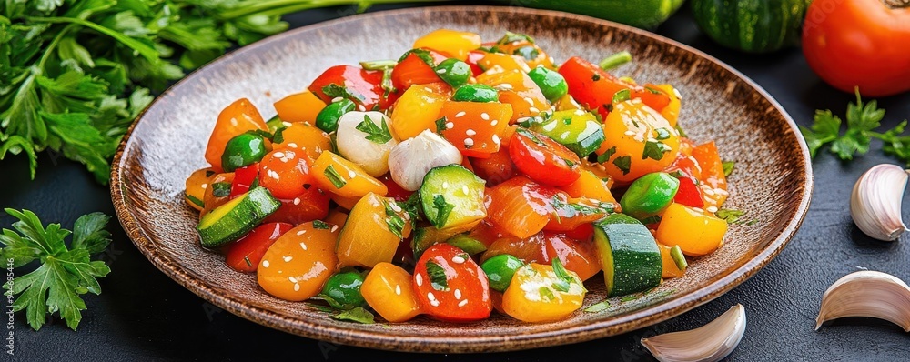 Italian stir-fry with colorful vegetables, garlic, and herbs on a rustic ceramic plate, surrounded by fresh ingredients, shot in natural light, Realism, Warm tones