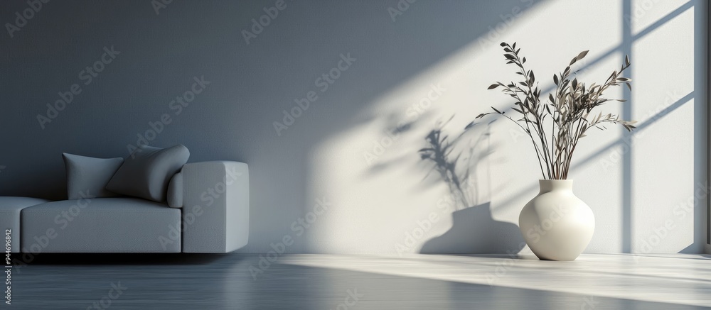 3D rendering of an interior space featuring a sofa and a vase against an empty gray wall