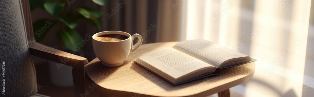 3D rendering of a cup of coffee and a book on a wooden chair 3D rendering of a cup of coffee and a book on a wooden chair