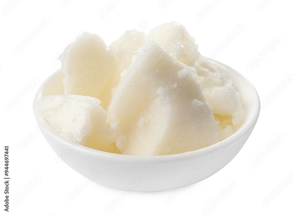 Natural shea butter in bowl isolated on white Natural shea butter in bowl isolated on white