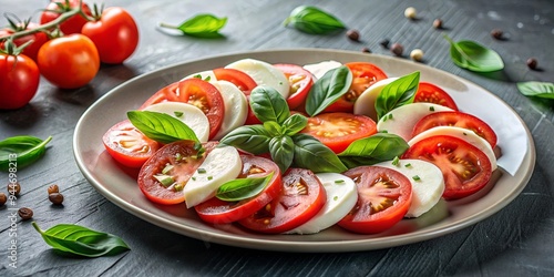 Plate of caprese salad with sliced tomatoes and fresh mozzarella cheese, caprese, salad, tomatoes, mozzarella