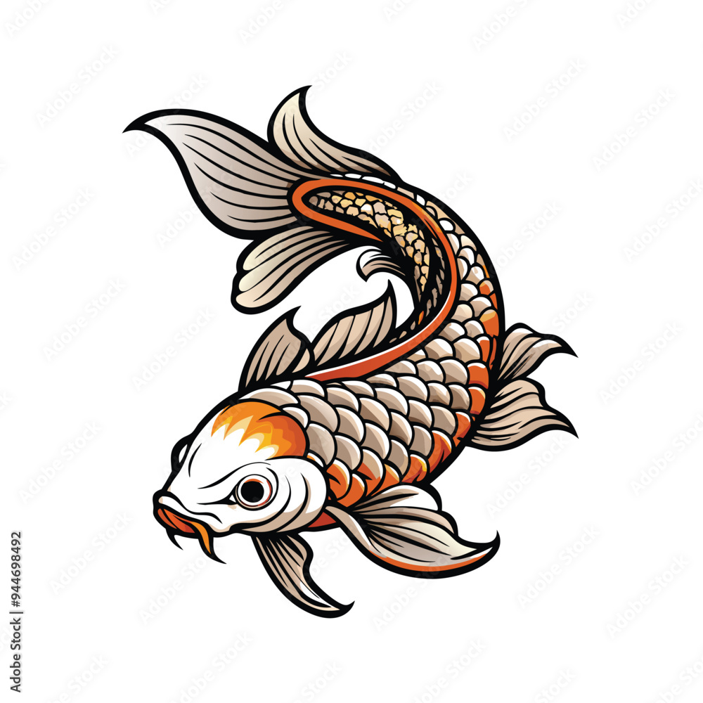 Fototapeta premium A koi fish silhouette vector on a white background, the fish has orange and white scales.