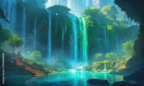 A lush, green jungle hides a secret waterfall cascading into a tranquil pool