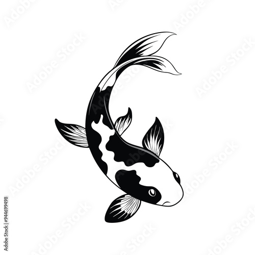 A black and white vector silhouette of a koi fish against a white background.