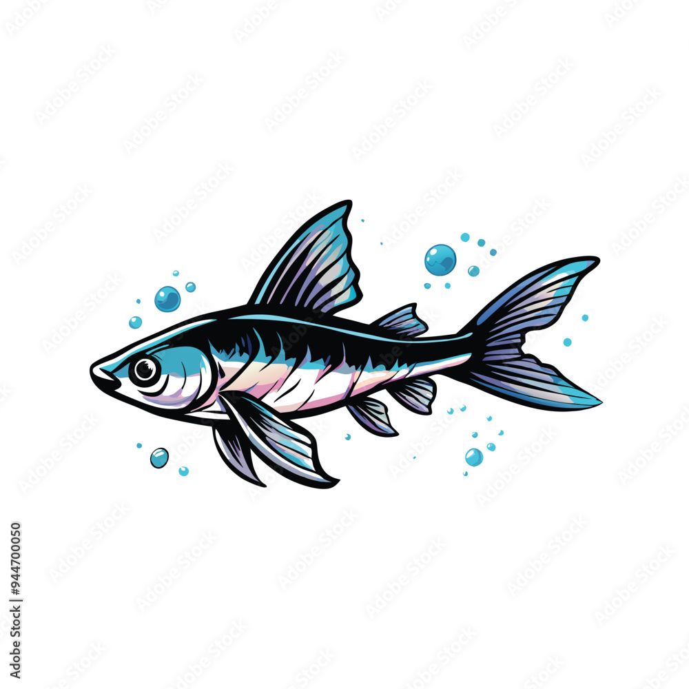 Vector silhouette of a swordtail fish with blue and white accents, isolated on a white background. Vector silhouette of a swordtail fish with blue and white accents, isolated on a white background.