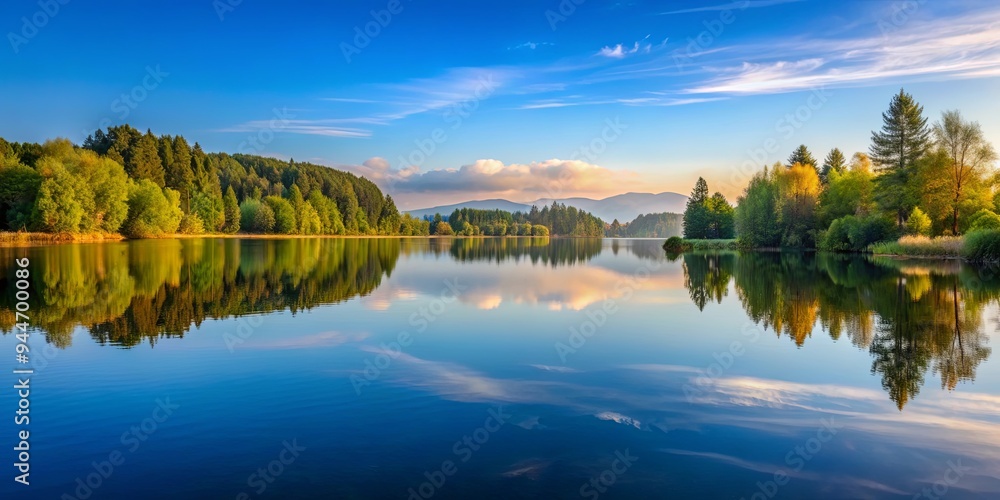 Fototapeta premium A beautiful symphony of reflections on a calm lake , symphony, reflections, water, serene, peaceful, nature, outdoors, tranquil