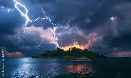 Multiple lightning strikes illuminate the sky over a tropical island during a storm