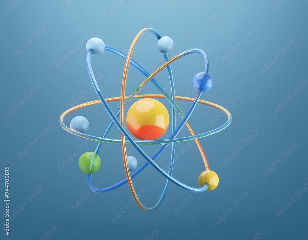 3D colorful atom model with a yellow and orange nucleus, 3D Illustration 3D colorful atom model with a yellow and orange nucleus, 3D Illustration