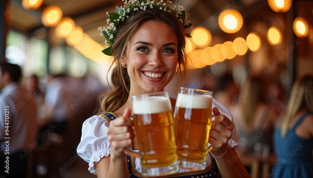 Happy woman in bavarian dirndl dress holding two beer mugs at oktoberfest Happy woman in bavarian dirndl dress holding two beer mugs at oktoberfest