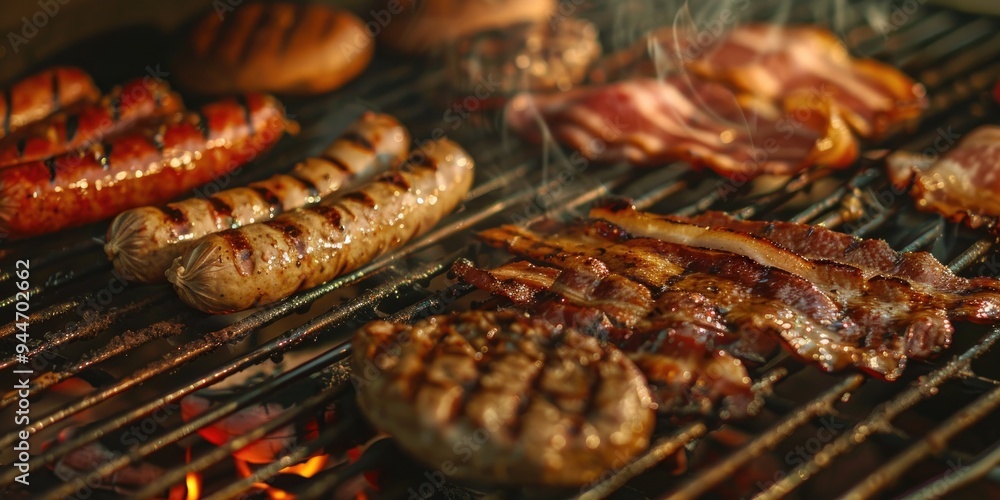Cooking sausages, burgers, and bacon on the grill. Cooking sausages, burgers, and bacon on the grill.