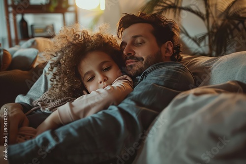 Father and daughter napping in bed together