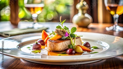 Close-up of a gourmet dish in a fancy restaurant, food, restaurant, plate, gourmet, cuisine, dining, elegant, delicious