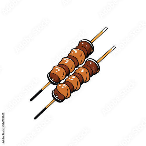 Two skewers of grilled meat, skewered with wooden sticks, isolated on white background.