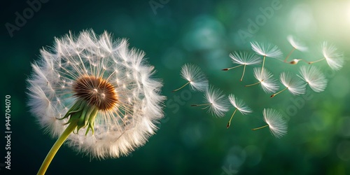 Close-up of dandelion flower being blown with seeds floating in the air, dandelion, plant, nature, blow, seeds, floating, white photo