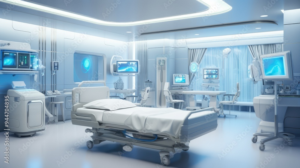 High-tech hospital room with automated monitoring systems High-tech hospital room with automated monitoring systems