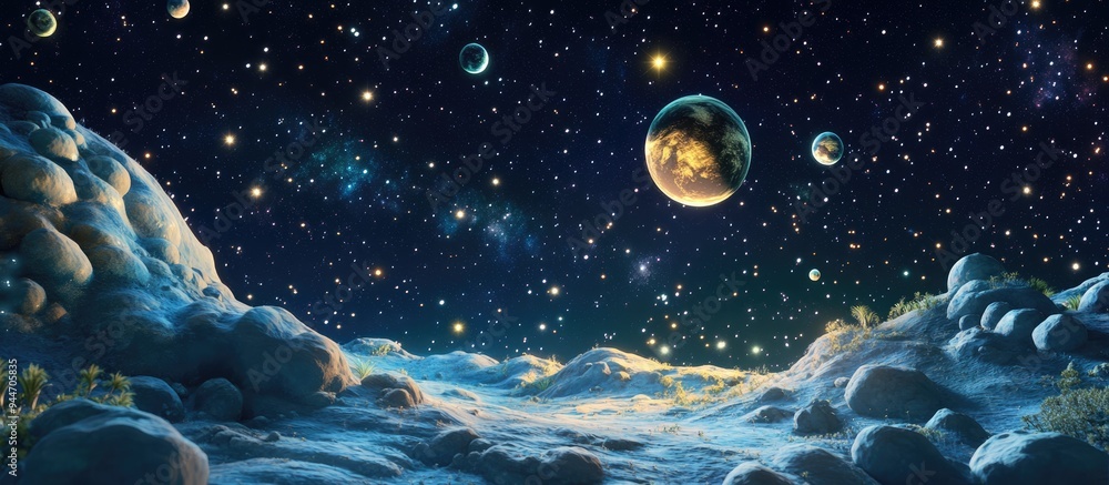 Beautiful night sky stars in the space depicted in a 3D cartoon rendering showcasing a collage of space science and education elements Beautiful night sky stars in the space depicted in a 3D cartoon rendering showcasing a collage of space science and education elements