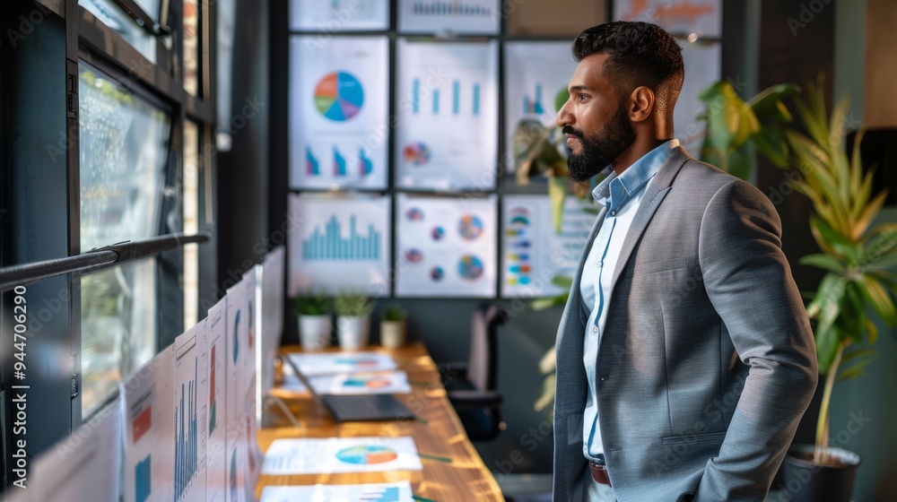 Sales manager, side view, with sales reports on table in office generative ai Sales manager, side view, with sales reports on table in office generative ai