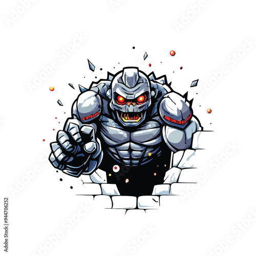 A realistic vector artwork of a massive hulking mon breaking through a brick wall.