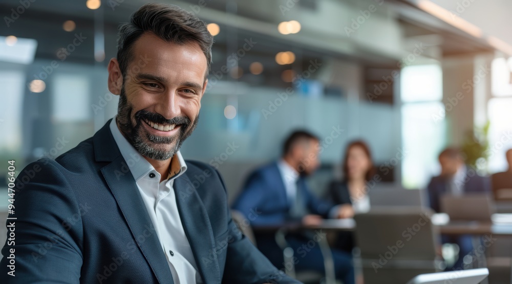 happy businessman, dressed in a business suit, exudes joy as he plans strategy with focused attention on the laptop screen in the modern office. happy businessman, dressed in a business suit, exudes joy as he plans strategy with focused attention on the laptop screen in the modern office.
