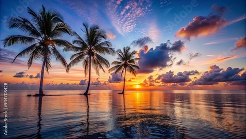 Tranquil sunset over calm ocean with silhouetted palm trees, serene, peaceful, sunset, serenity, ocean, palm trees, tranquil