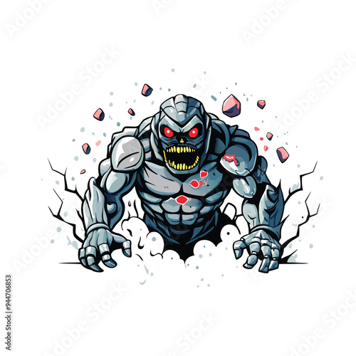 Create a realistic vector illustration of a massive, hulking monster breaking through a wall with its bare hands.