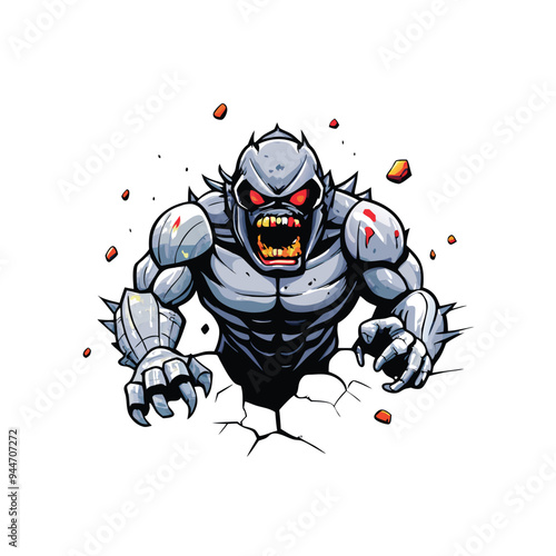A realistic vector illustration of a massive, hulking monster breaking through a wall, with sharp claws and a menacing expression.